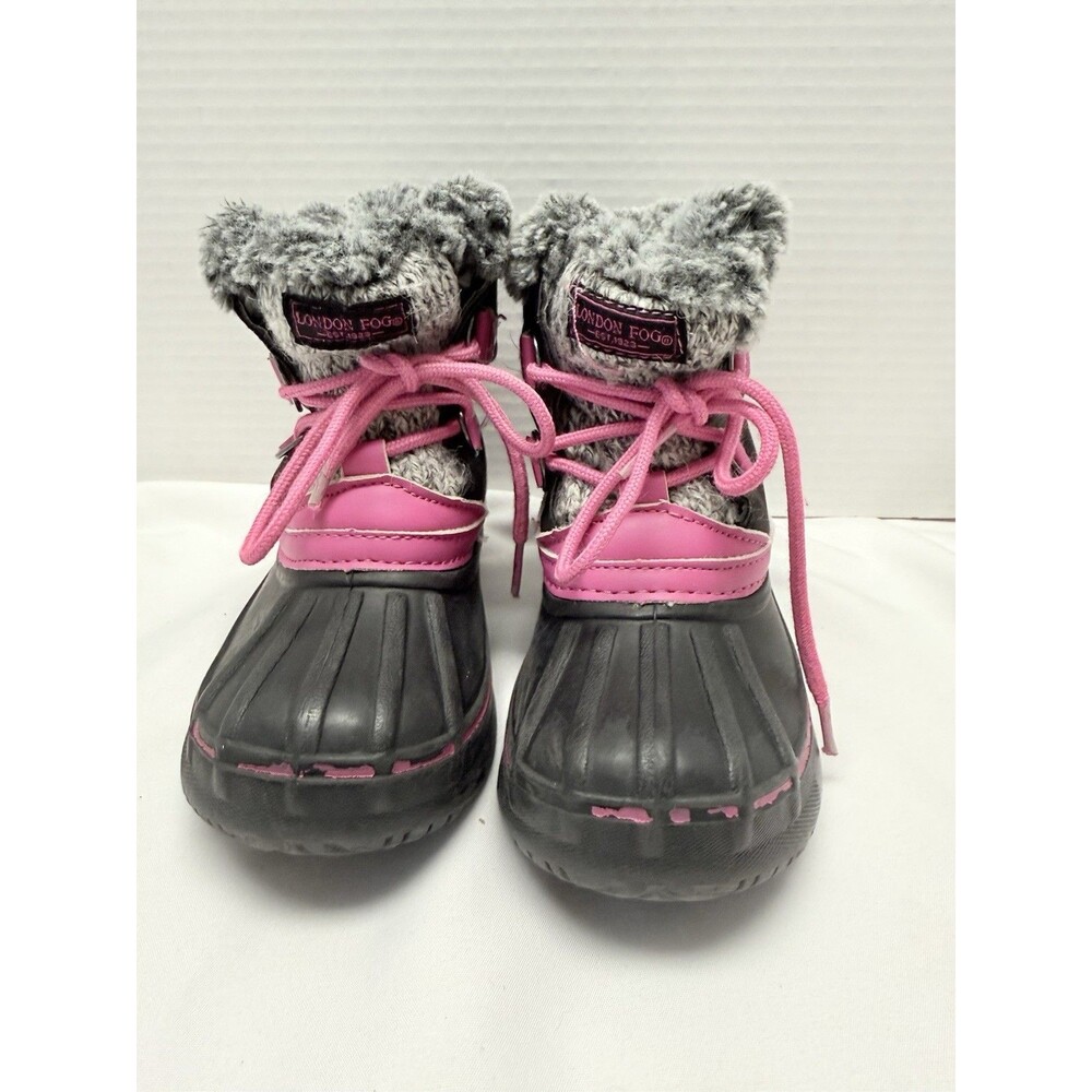 London Fog Girl’s Snow Boot Faux Fur Black/Pink  Lace Up Size see Photo